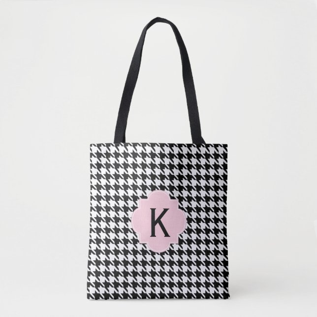 Tote Bag Monogramme Noir, Blanc et Pastel Rose Houndstooth (Devant)