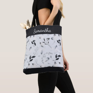 Tote Bag Monogramme noir blanc gris argenté Feuilles florau