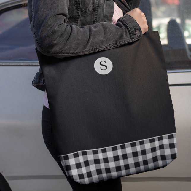 Tote Bag Monogramme Noir Blanc Plaid En vichy écossais (Créateur téléchargé)