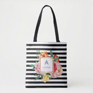 Tote Bag Monogramme noir et blanc Aquarelle Peony Flowers