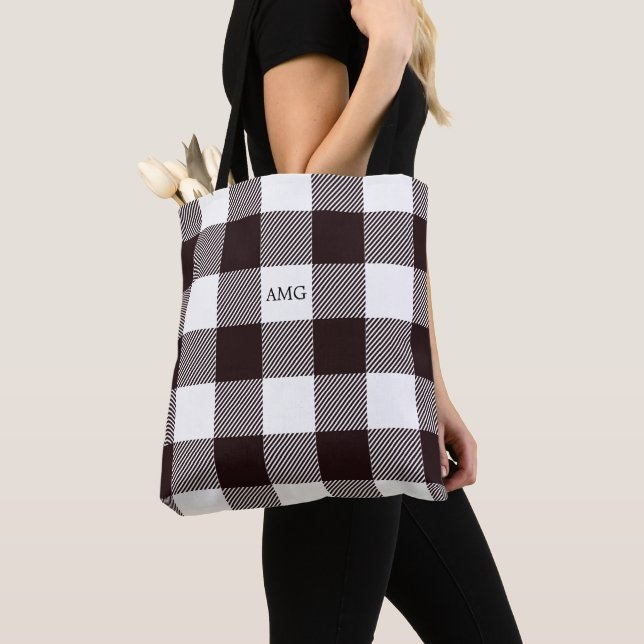 Tote Bag Monogramme noir et blanc de motif de plaid de (De près)