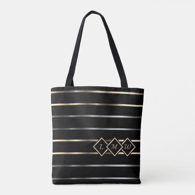Tote Bag Monogramme - Noir, Or, Rayures Argentées (Dos)