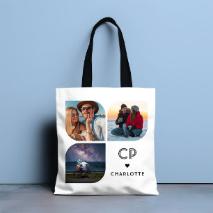 Tote Bag Monogramme Nom 3 Photo Moderne tendance Simple