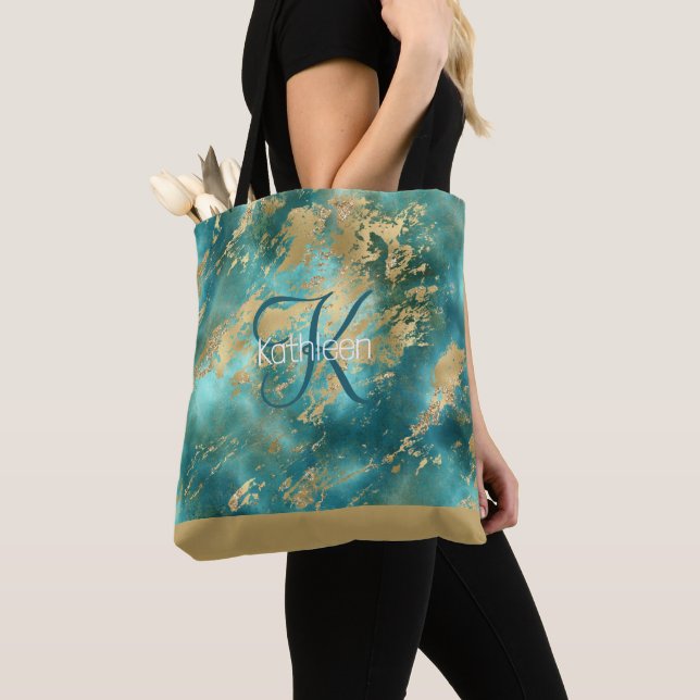 Tote Bag Monogramme Nom Initial Turquoise Vert Marbre Doré (De près)