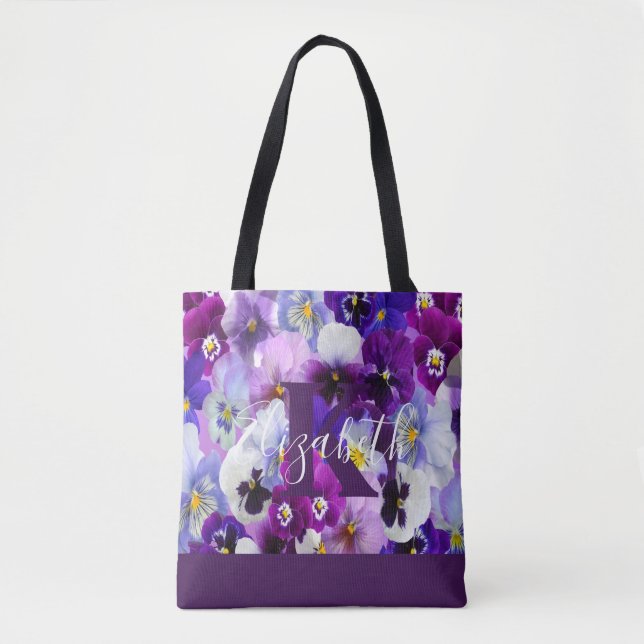 Tote Bag Monogramme Nom Initiales Pansy Violet Floral Tenda (Devant)
