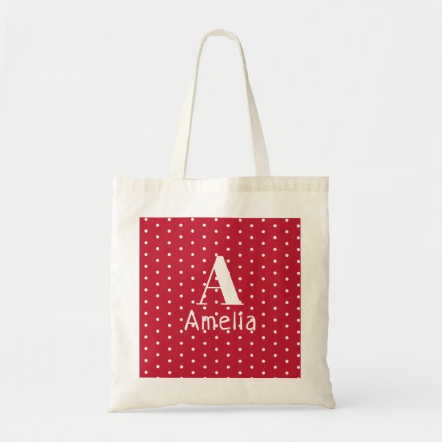 Tote Bag Monogramme Nom Typographie Pois rouge Motif (Devant)
