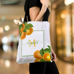 Tote Bag Monogramme oranges d'agrumes aquarelle bois rustiq