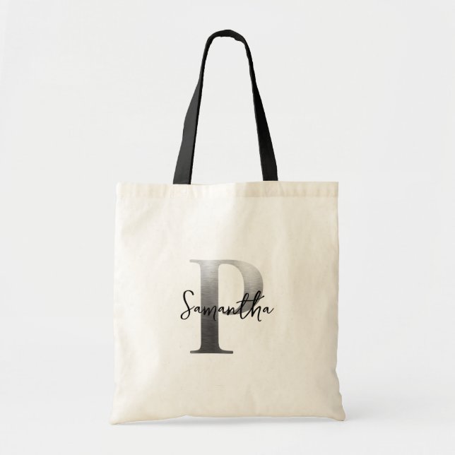 Tote Bag Monogramme P argent personnalisé élégant moderne (Devant)