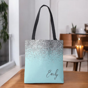 Tote Bag Monogramme Pailleté Aqua Bleu Turquoise Argent