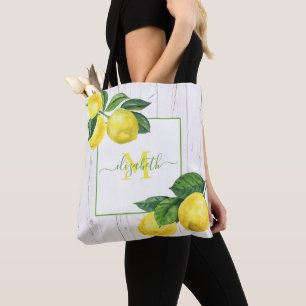 Tote Bag Monogramme pays citrons aquarelle bois rustique