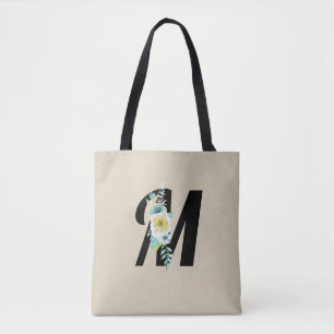 Tote Bag Monogramme personnalisable Fleurs blanches et aqua