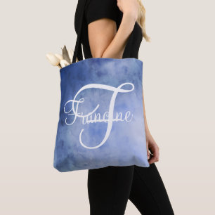 Tote Bag Monogramme personnalisé Aquarelle Bleue et Blanche