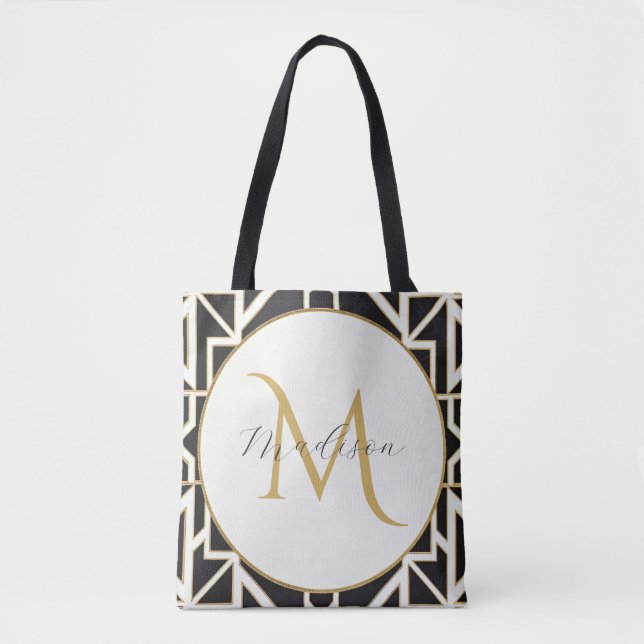 Tote Bag Monogramme personnalisé géométrique noir blanc or (Devant)
