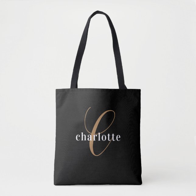 Tote Bag Monogramme personnalisé noir moderne et élégant (Devant)
