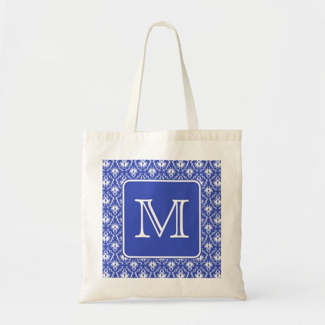 Tote Bag Monogramme personnalisé, sur motif Damas bleu et b (Devant)
