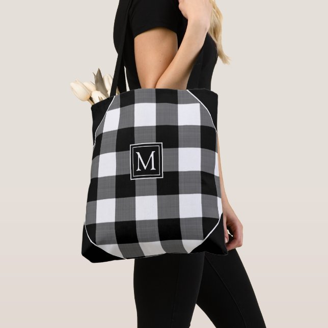 Tote Bag Monogramme Plaid Chic Rustique Noir Buffalo Check (De près)