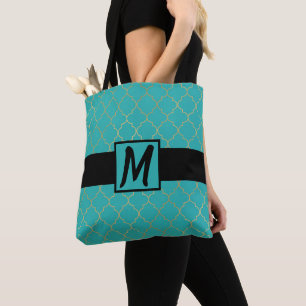 Tote Bag Monogramme Quatrefeuilles Turquoise et Or