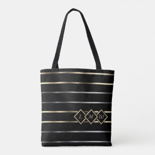 Tote Bag Monogramme - Rayures noires, dorées, argentées