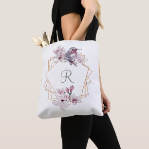 Tote Bag Monogramme rose blanc Magnolias Bird Gold Frame