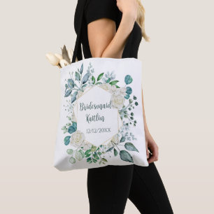 Tote Bag Monogramme Rose blanche verte Eucalyptus Bridesmai