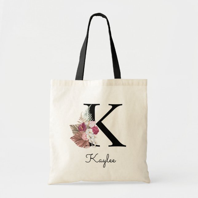 Tote Bag Monogramme Rose Boho Féminin Floral Initial K (Devant)