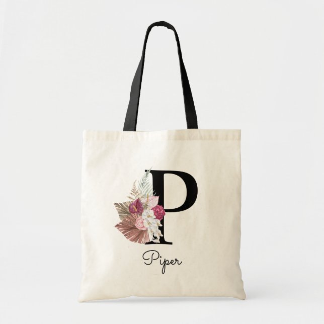 Tote Bag Monogramme Rose Boho Féminin Floral Initiale P (Devant)