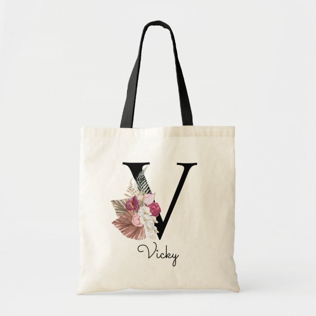 Tote Bag Monogramme Rose Boho Féminin Floral Initiale V (Devant)