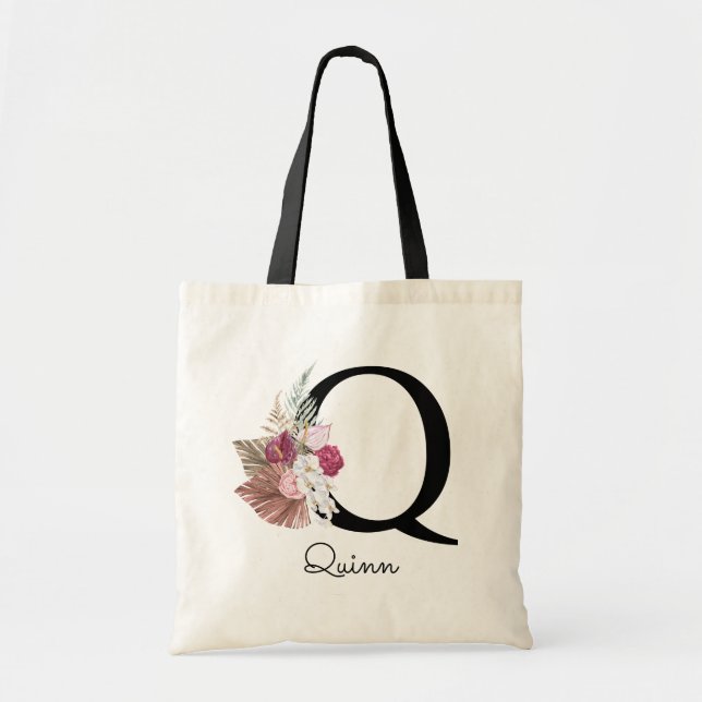 Tote Bag Monogramme Rose Boho Floral Initiale Q (Devant)