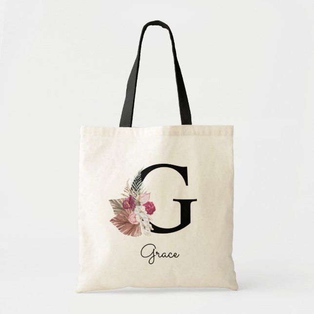 Tote Bag Monogramme Rose Boho Girl Floral Initial G (Devant)