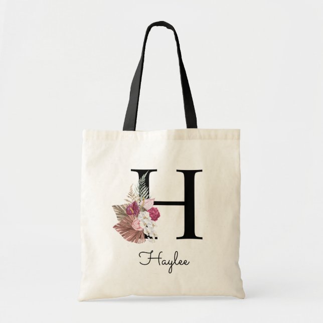 Tote Bag Monogramme Rose Boho Girly Floral Initial H (Devant)