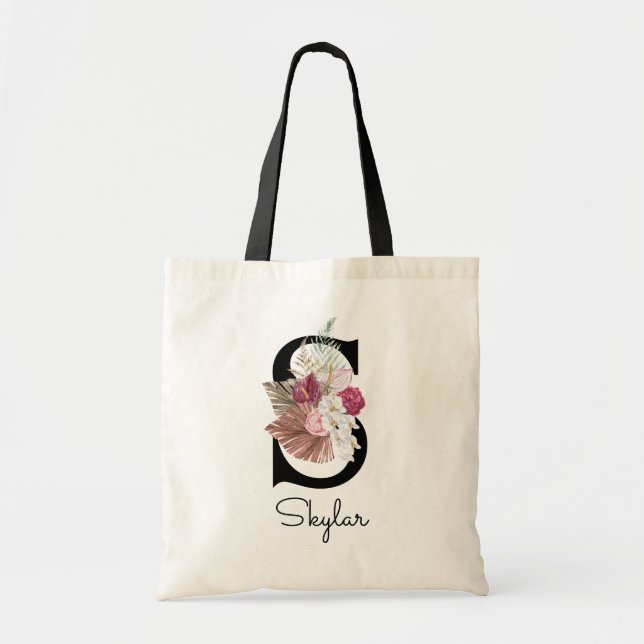 Tote Bag Monogramme rose Boho girly floral initiale S (Devant)