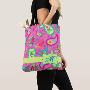 Tote Bag Monogramme rose clair Paisley moderne Personnalisé
