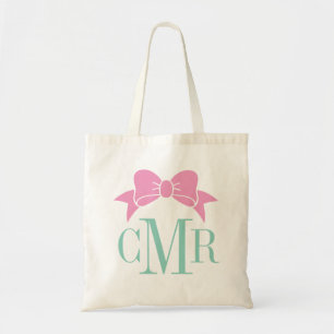 Tote Bag Monogramme rose et aqua Preppy Bow