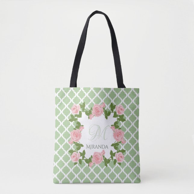 Tote Bag Monogramme rose rose du Quatrefoil vert du Nil (Devant)
