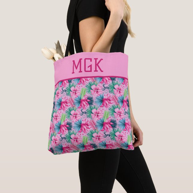 Tote Bag Monogramme rose vert bleu floral brillant Tropical (De près)