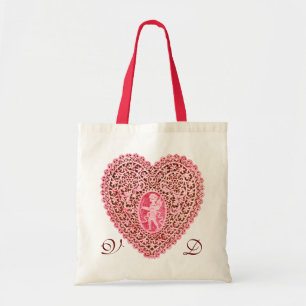 TOTE BAG MONOGRAMME ROUGE-ROSE DE COEUR DE DENTELLE DE