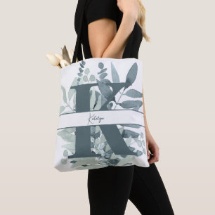 Tote Bag Monogramme Sage initial Vert Aquarelle Verdure