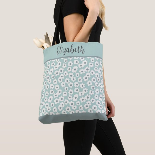 Tote Bag Monogramme Sage vert gris blanc gris floral Mariag (De près)