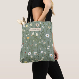 Tote Bag Monogramme Sage Vert Jaune Blanc Fleurs sauvages B