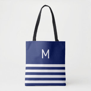 Tote Bag Monogramme sur fond rayé bleu et blanc