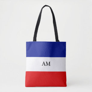 Tote Bag Monogramme sur fourre-tout rayé bleu rouge et blan