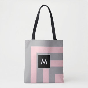 Tote Bag Monogramme sur gris clair et rose rayé