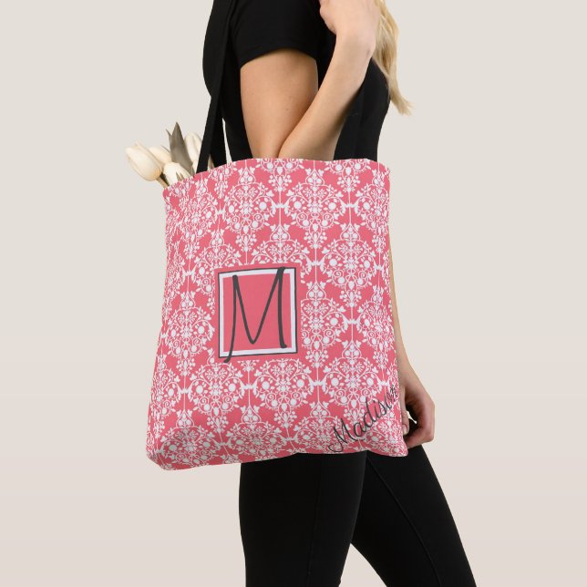 Tote Bag Monogramme tendance rose et blanc Damas (De près)