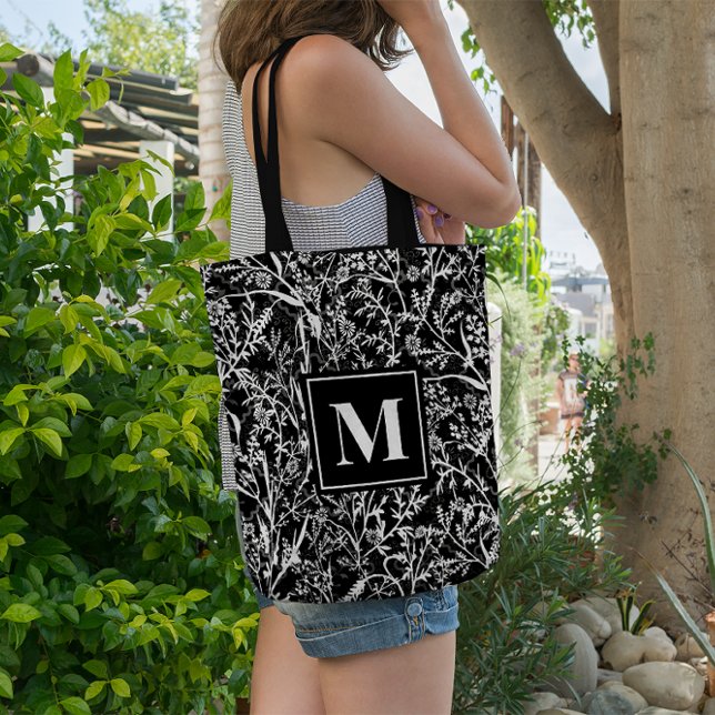 Tote Bag Monogramme Texte Floral Fleur Gris (Créateur téléchargé)