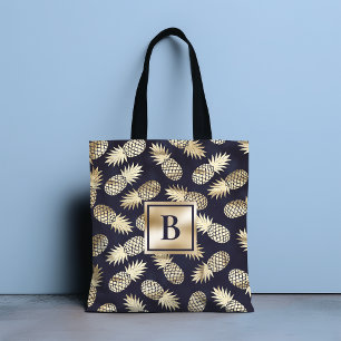 Tote Bag Monogramme Tropical Ananas Girly Gold Navy