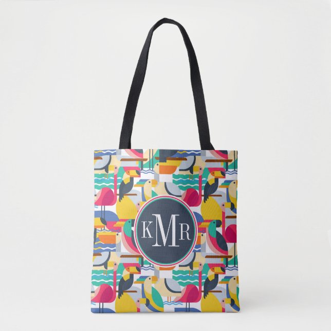 Tote Bag Monogramme tropical géométrique des oiseaux | (Devant)