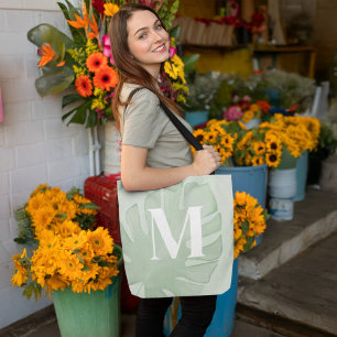 Tote Bag Monogramme Tropical Green Palm Feuilles
