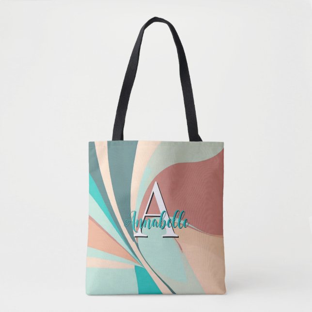 Tote Bag Monogramme Turquoise Abstrait Retro Moderne Peach  (Devant)