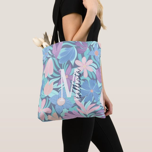 Tote Bag Monogramme turquoise bleu rose floral (De près)