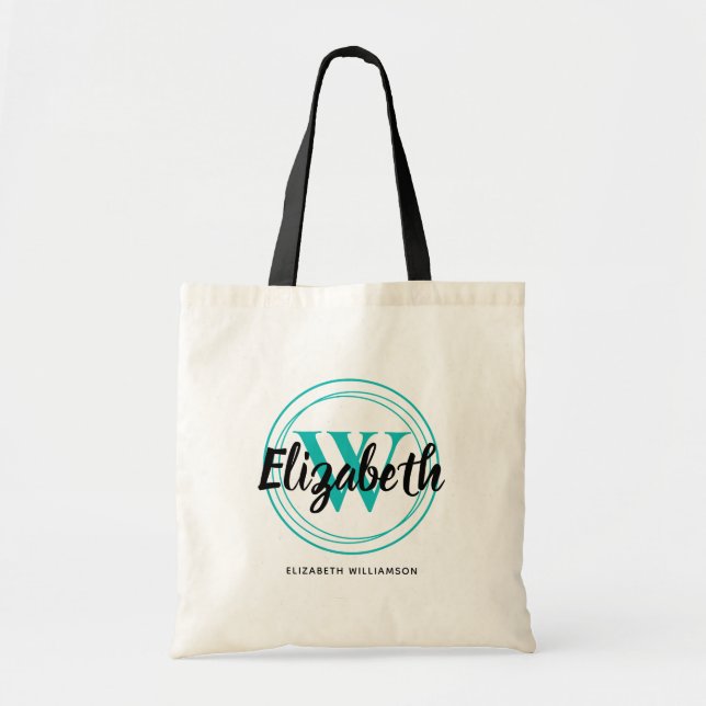 Tote Bag Monogramme Turquoise Chic Nom initial du script (Devant)